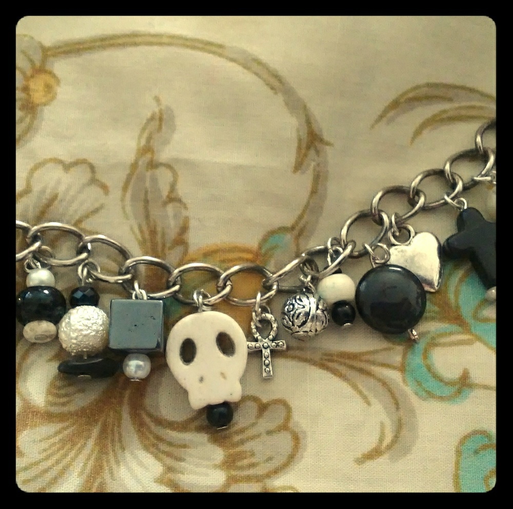 Black white silver gothic charm bracelet skull